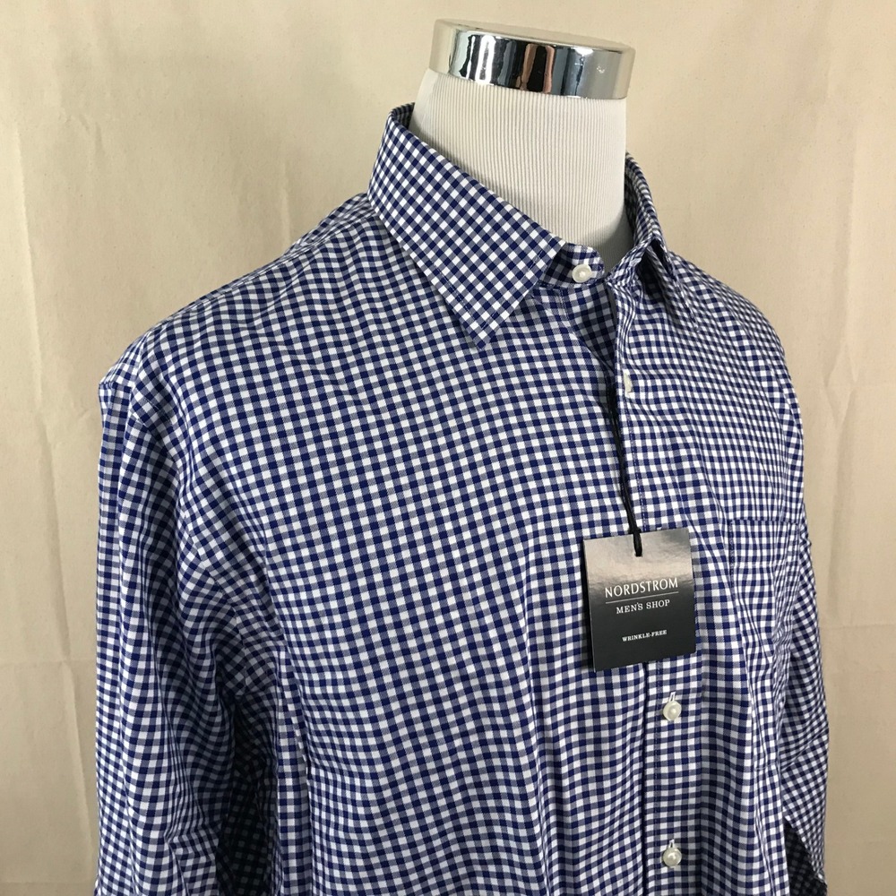 NEW Nordstrom 17.5 33 Traditional Fit Dress Shirt Blue Gingham Smartcare Mens